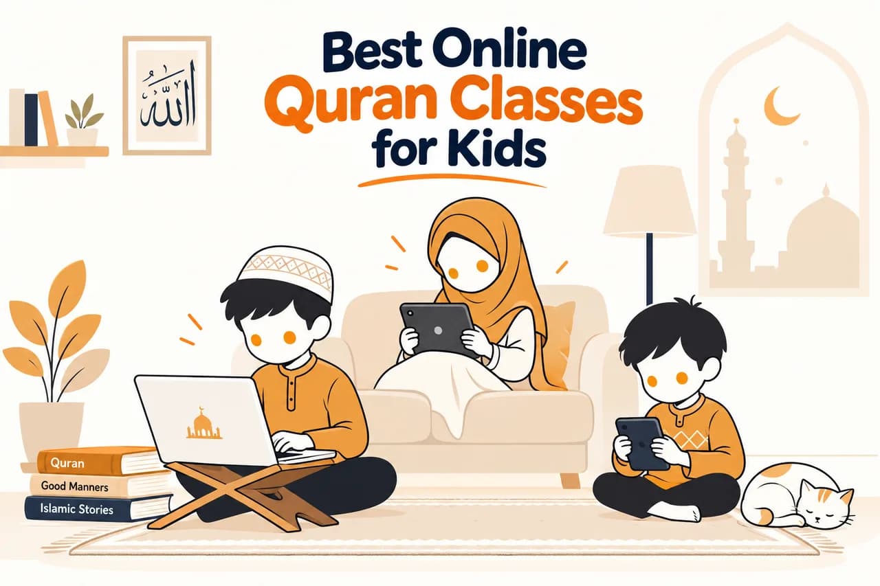 Three children at home learning Quran online on a laptop and tablets
