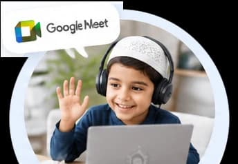 A boy in a prayer cap and headphones waving at his laptop as his online Quran class starts on Google Meet