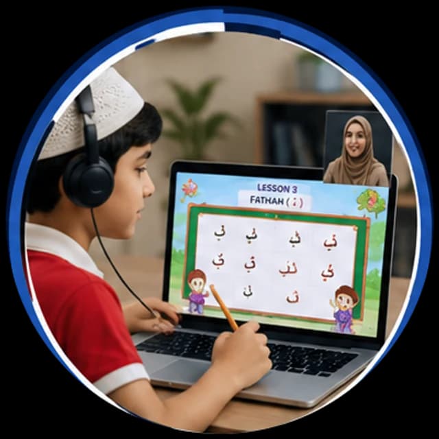 Child learning one-to-one with a Quran teacher sharing the lesson on screen